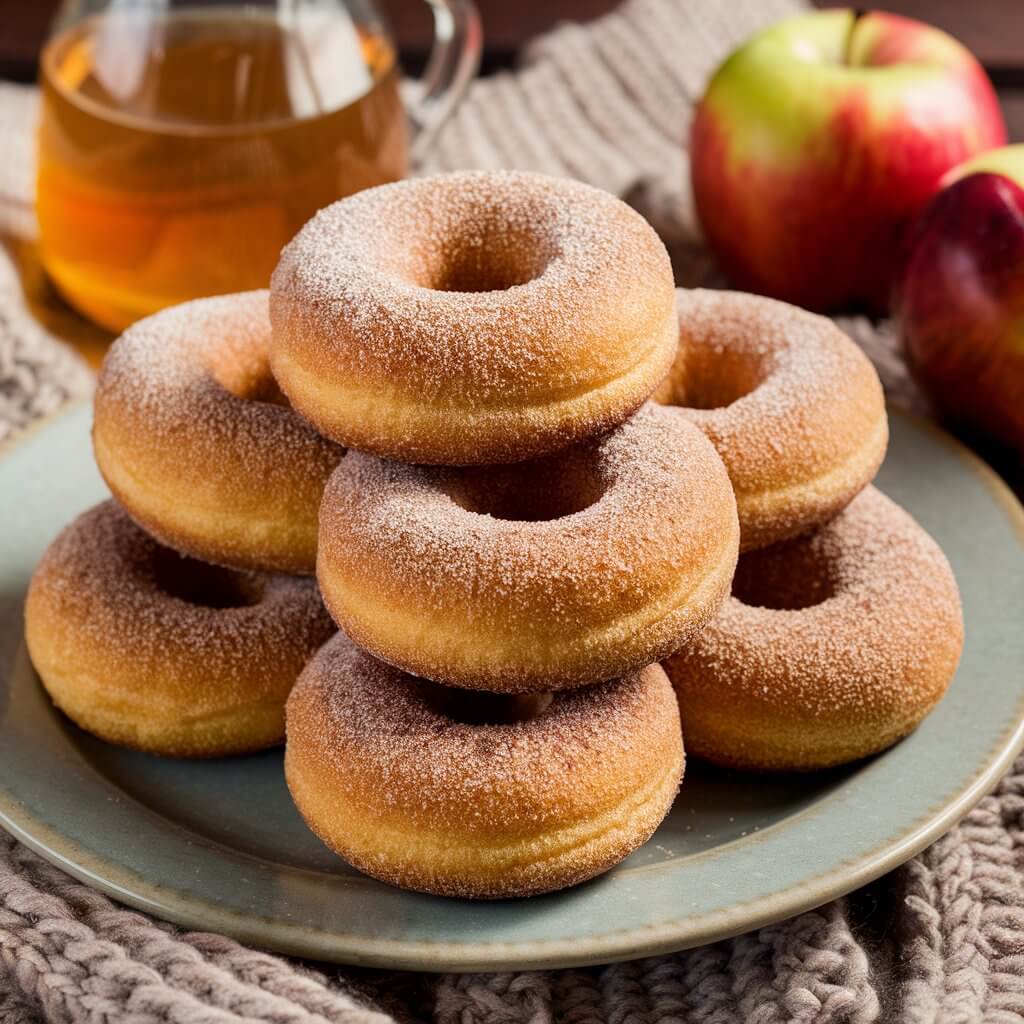 A plate of freshly baked apple cider donuts coated in cinnamon sugar. The donuts are stacked on a rustic plate with a backdrop of apple cider in a glass jug, and fresh apples. A cozy, warm ambiance is created with a knitted blanket.