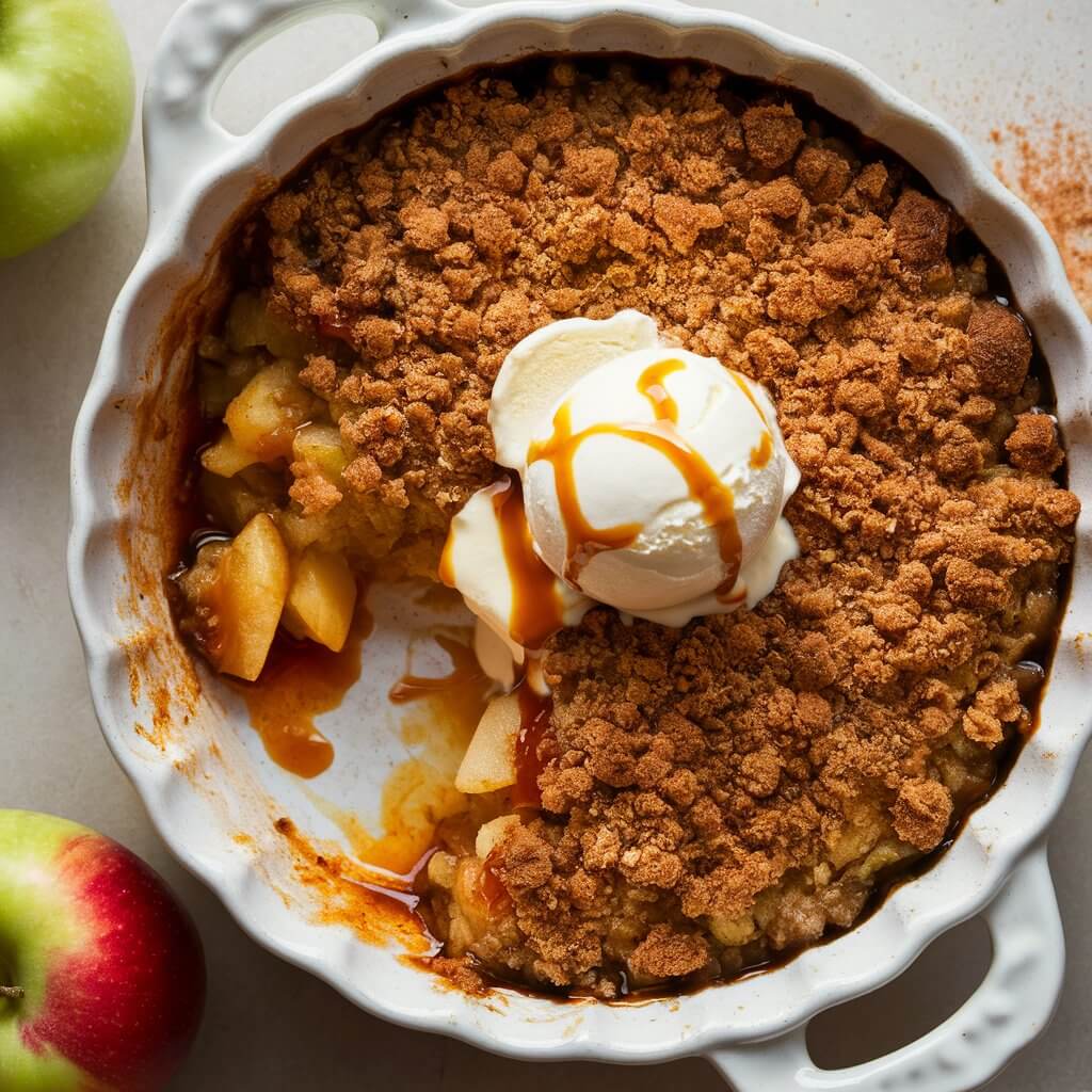 A warm apple crisp served in a ceramic baking dish, with a crumbly, golden topping. The dish is garnished with a scoop of melting vanilla ice cream and a drizzle of caramel sauce. Fresh apples and a sprinkle of cinnamon are arranged around the dish.