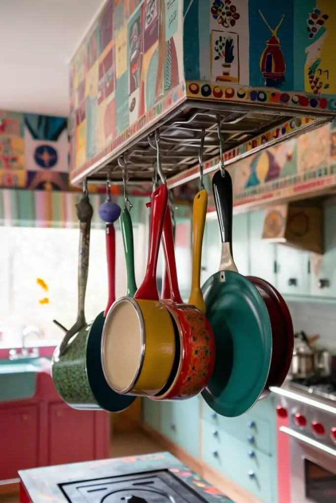 a close-up shot of a Colorful Eclectic Kitchen with a decorative pot rack displaying colorful cookware, adding both functionality and flair to the space, and tying into the eclectic theme.