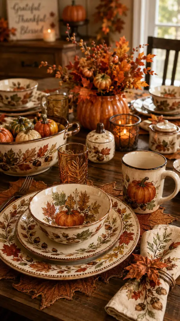 Autumn harvest tabletop with pumpkin decor
