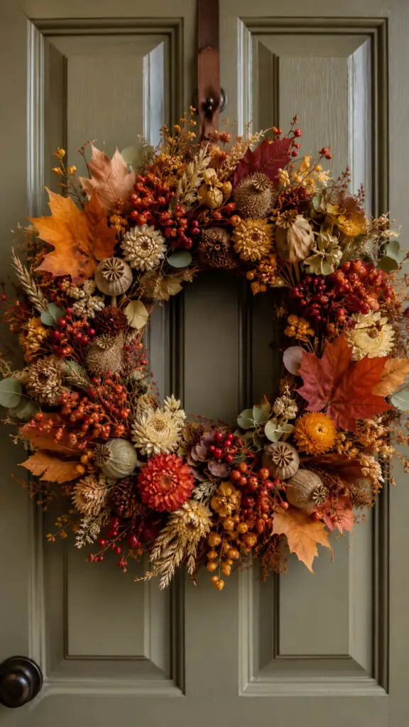 Autumn wreath on painted door