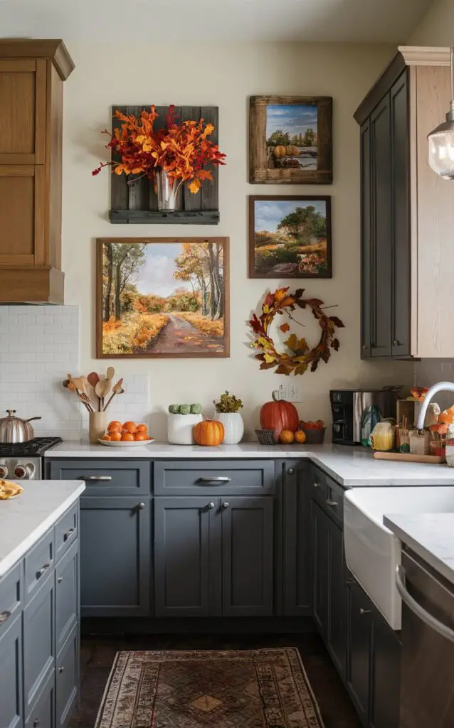 Kitchen walls adorned with artwork showcasing autumn landscapes, fall foliage, and harvest scenes. These pieces of fall decor add seasonal charm and cohesiveness to the kitchen.