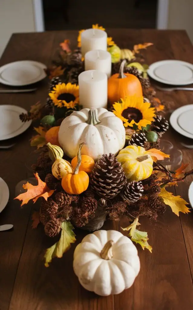 A dining table showcasing a stunning fall decor centerpiece with pumpkins, gourds, and sunflowers. The arrangement includes pinecones, branches, and fall leaves, creating a rustic touch, while candles add a cozy ambiance.