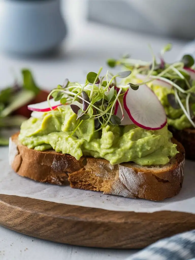 The image showcases a slice of toasted bread, generously topped with creamy, mashed avocado. The vibrant green avocado spread is accentuated with thin, delicate slices of radish, adding a touch of pink and white. Sprinkled over the top are fresh, green microgreens, providing a pop of color and a hint of elegance. The toast rests on a rustic wooden board, and in the background, you can see a soft, out-of-focus setting that suggests a cozy kitchen or café atmosphere. The overall presentation is fresh and inviting, capturing the essence of a wholesome, stylish brunch dish.