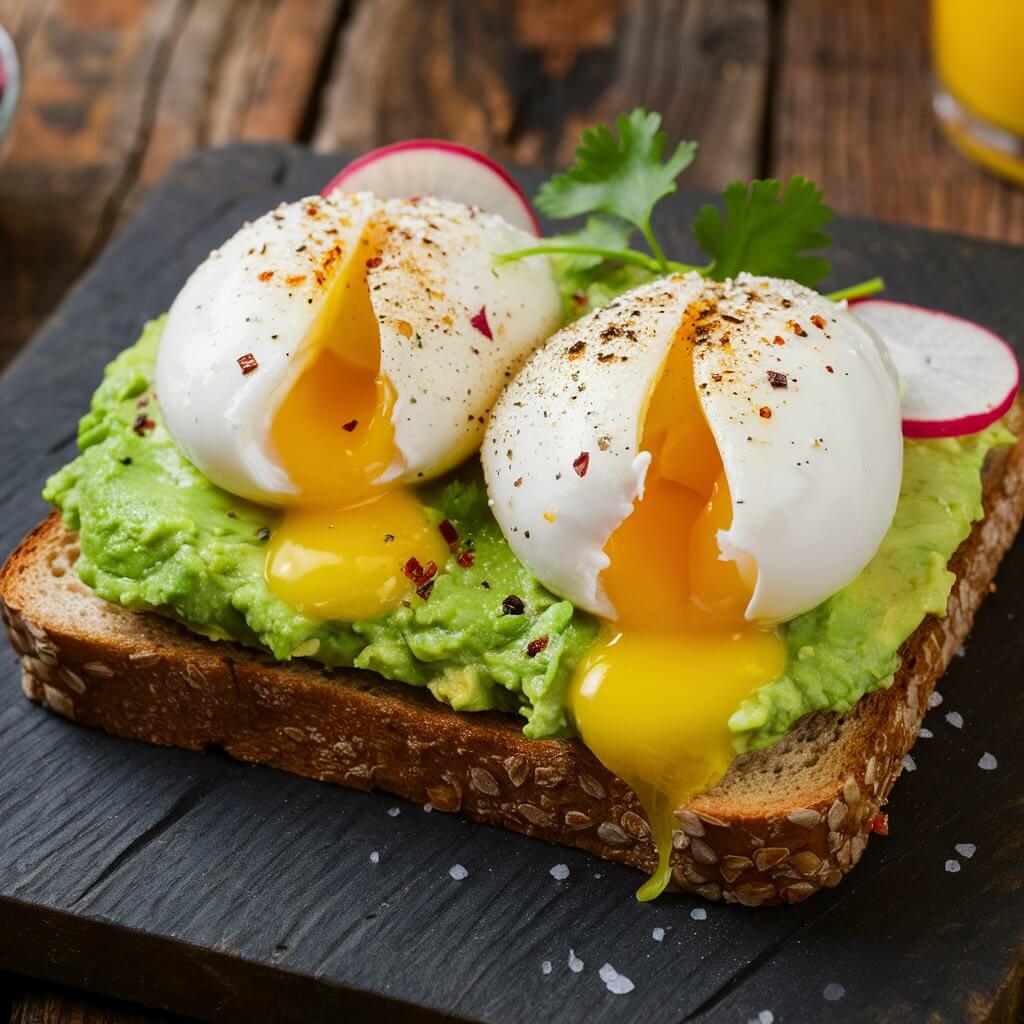 A slice of whole-grain toast generously topped with mashed avocado, with two perfectly poached eggs perched on top. The eggs have runny yolks that ooze slightly. The toast is sprinkled with red pepper flakes, salt, and freshly ground black pepper. There are a few slices of radish and a sprig of cilantro for garnish. The background is a rustic wooden table with a glass of orange juice and a small bowl of fresh berries.