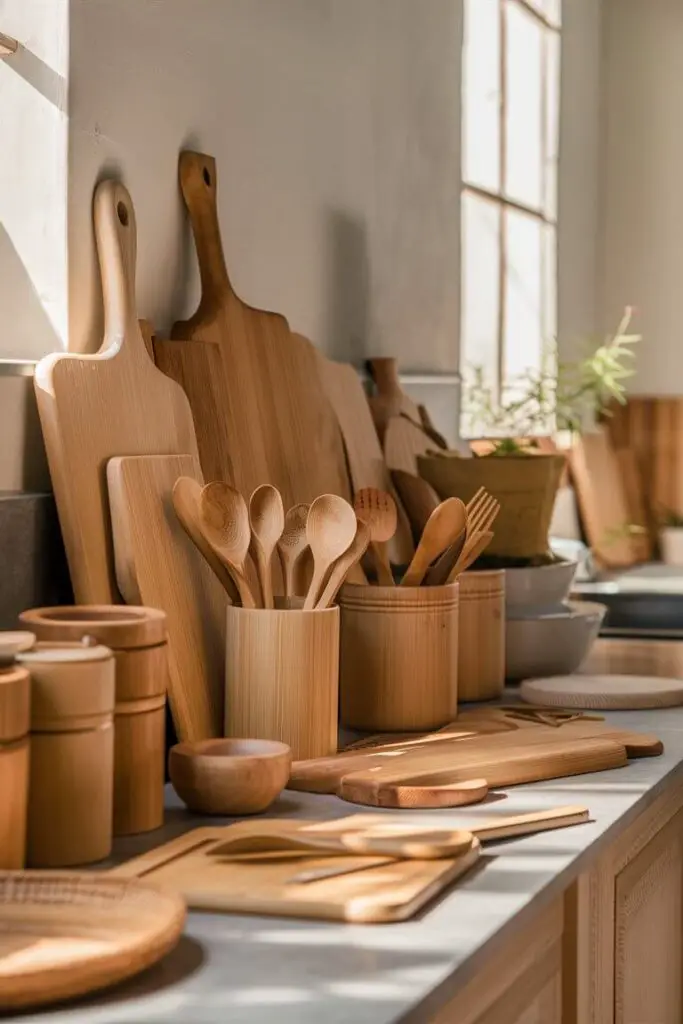 A serene, earthy kitchen scene showcasing an array of bamboo accessories. The wooden cutting boards and utensils are displayed neatly on a countertop, with bamboo storage containers lining the shelves. The smooth, pale bamboo adds a touch of lightness and natural warmth to the space. The background features a window with soft sunlight streaming in, casting a gentle glow over the kitchen.