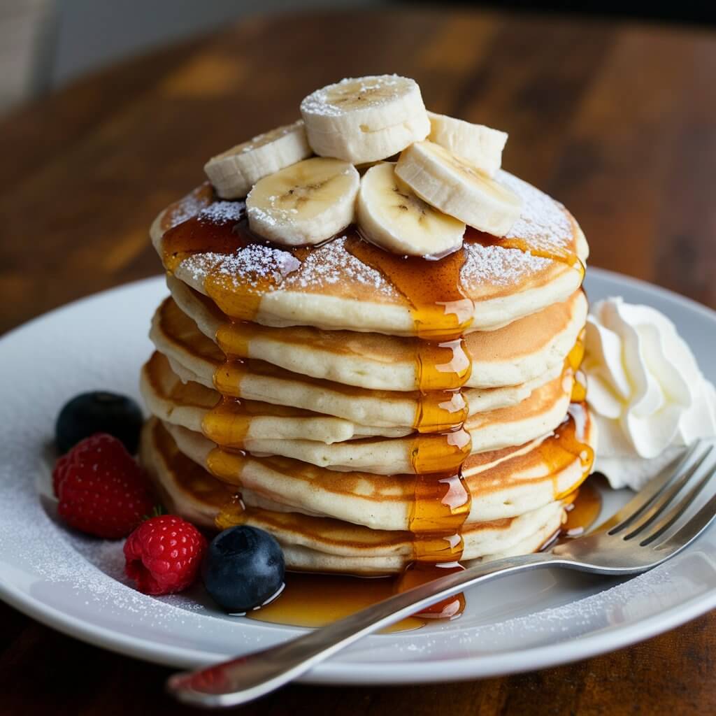 A stack of fluffy banana pancakes drizzled with maple syrup and topped with fresh banana slices and a sprinkle of powdered sugar. There are a few fresh berries on the side and a dollop of whipped cream on top. The pancakes are served on a white plate with a fork resting beside it on a wooden table.