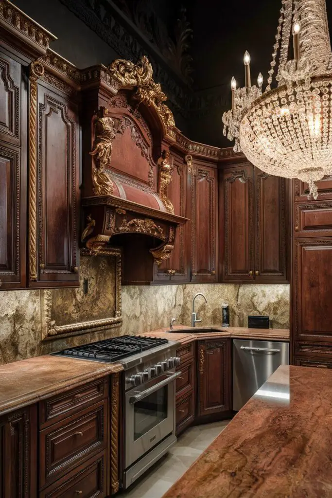 A realistic image of A Baroque kitchen featuring rich wood cabinetry with elaborate carvings and gilded accents. Marble countertops and ornate backsplashes add to the lavish feel. A large, opulent chandelier hangs from the ceiling, creating a dramatic, regal atmosphere. The countertop has a gas stove, stainless steel kitchen sink with a faucet, and dishwasher