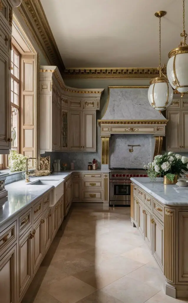 A realistic Beaux-Arts kitchen exuding grandeur with classical architecture and luxurious materials. Marble countertops, ornate cabinetry, and gilded accents define this style. Large windows and elegant light fixtures create a sophisticated, airy space.