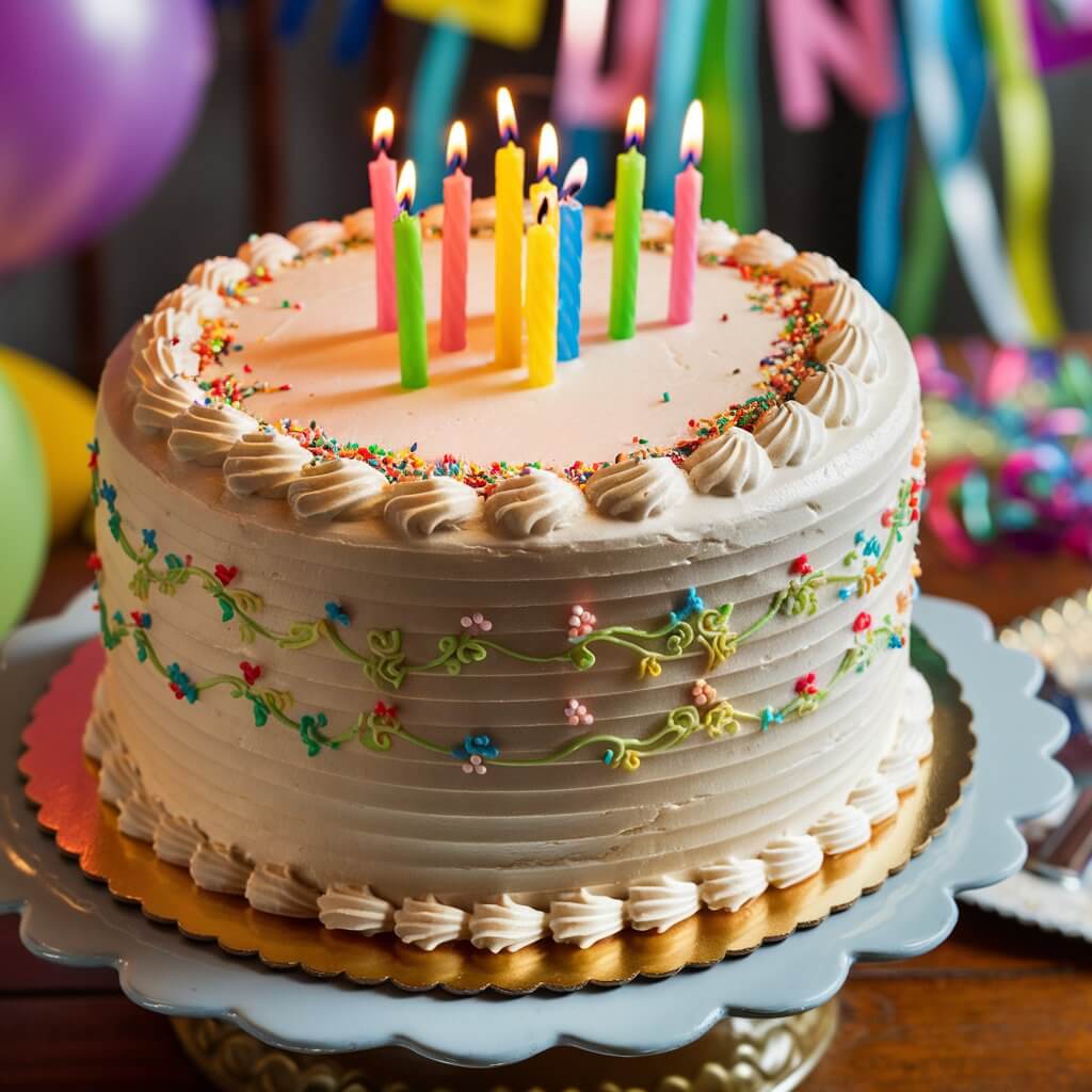 A close-up shot of a round, multi-layered birthday cake. The cake is frosted with smooth, creamy white icing and decorated with colorful sprinkles scattered evenly across the top and sides. On top of the cake, there are several brightly colored candles, some lit with small flickering flames, casting a warm glow. The sides of the cake are adorned with intricate piping in pastel colors, creating delicate floral patterns. The cake sits on a decorative cake stand with a scalloped edge, placed on a wooden table. In the background, there are blurred images of balloons, streamers, and a "Happy Birthday" banner, adding to the festive atmosphere.