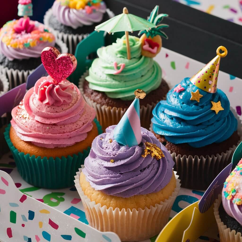 A tantalizing display of an assortment of colorful cupcakes, each with its own unique flavor. The cupcakes are nestled on a tray with a playful arrangement. The first cupcake features a swirl of vibrant pink buttercream frosting, adorned with edible glitter and a cute heart-shaped topper. The second cupcake boasts a delightful green frosting, decorated with a small umbrella and a beach-themed charm. The third cupcake sports a swirl of electric blue frosting, sprinkled with star-shaped edible decorations and topped with a mini birthday hat. The final cupcake is a delightful mix of colors, with a swirl of purple frosting, edible glitter, and a whimsical birthday hat. The overall presentation is festive, inviting, and vis