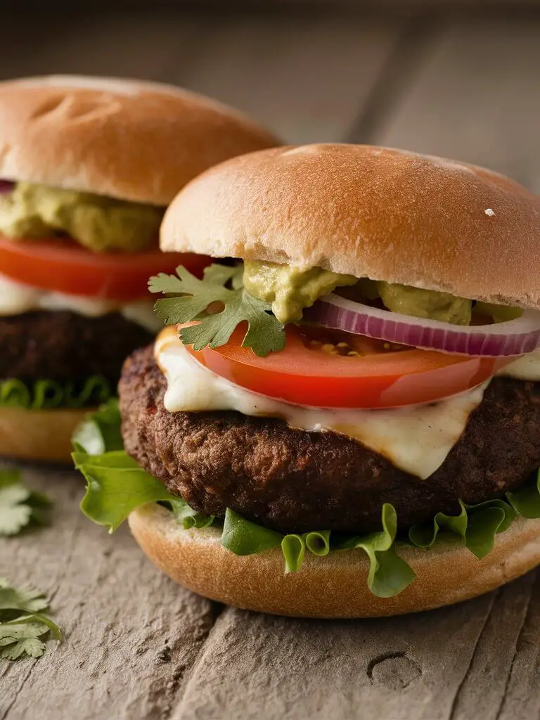 A close-up photograph of Two homemade black bean burger patties nestled on whole wheat buns, topped with slices of ripe tomato, onions, melting cheese, crisp lettuce leaves, and a dollop of creamy avocado spread. The burgers are garnished with a sprinkle of chopped cilantro, presented on a rustic wooden surface.