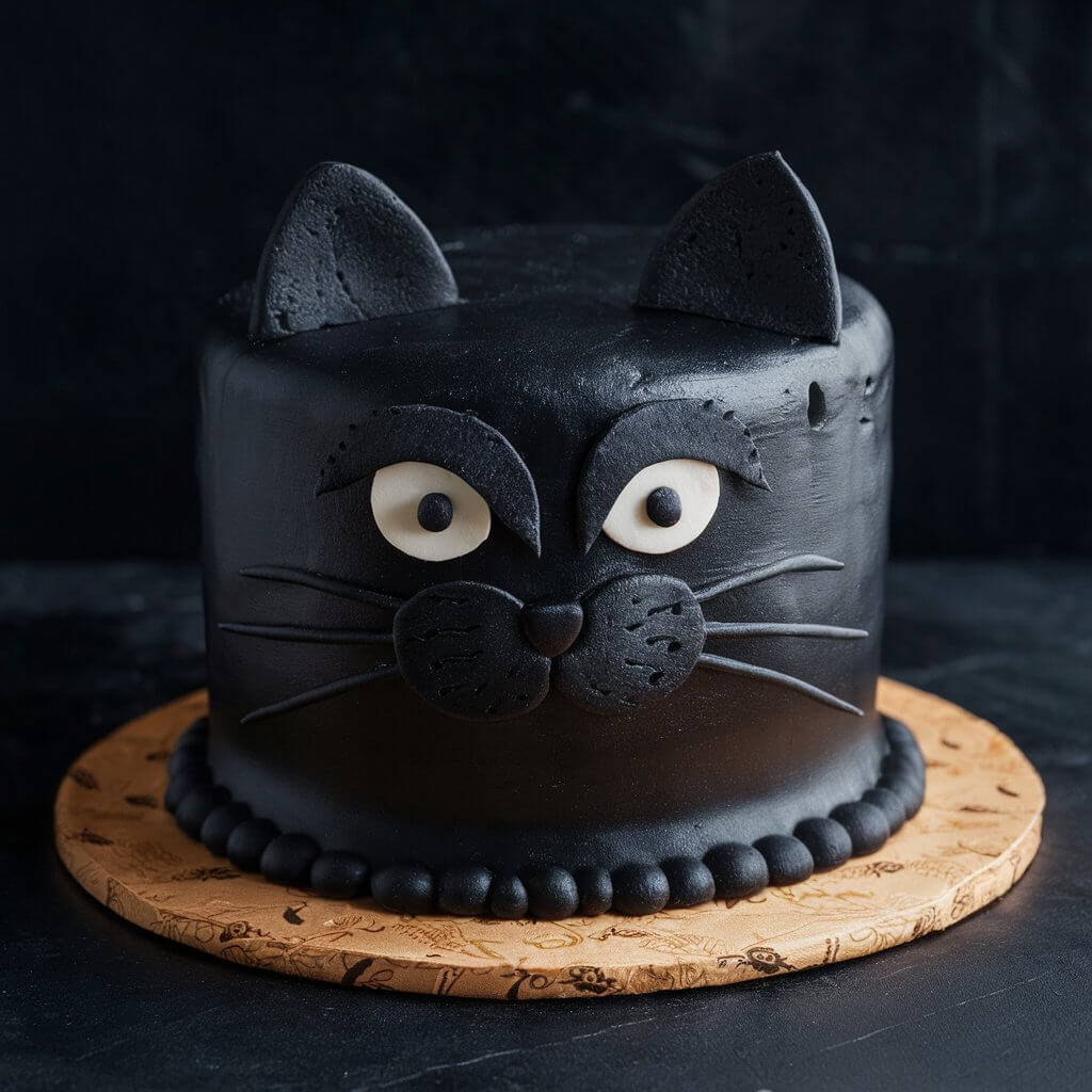 A Halloween cake covered in black fondant, shaped like a black cat. The cake includes detailed whiskers, ears, and eyes made from edible decorations, balancing spooky and cute elements.