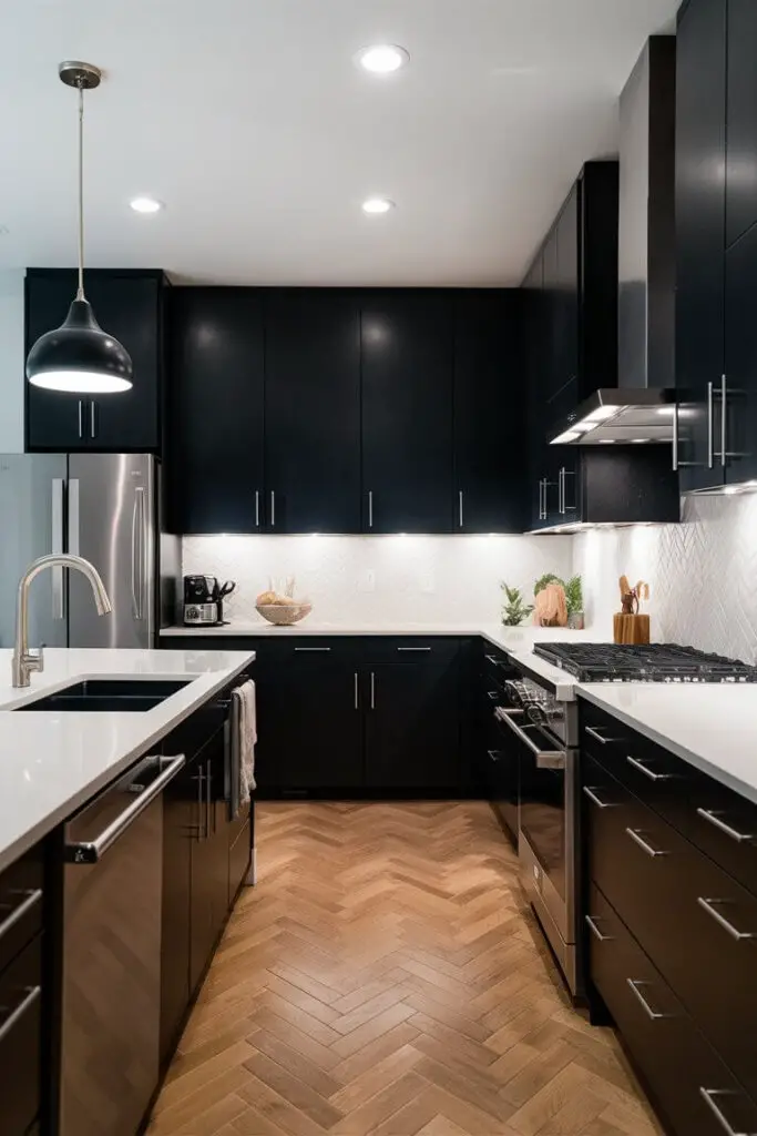 A sleek kitchen highlighting the bold black and white color combination. Black cabinetry contrasts sharply with white quartz countertops and a white herringbone tile backsplash, enhanced by stainless steel appliances.