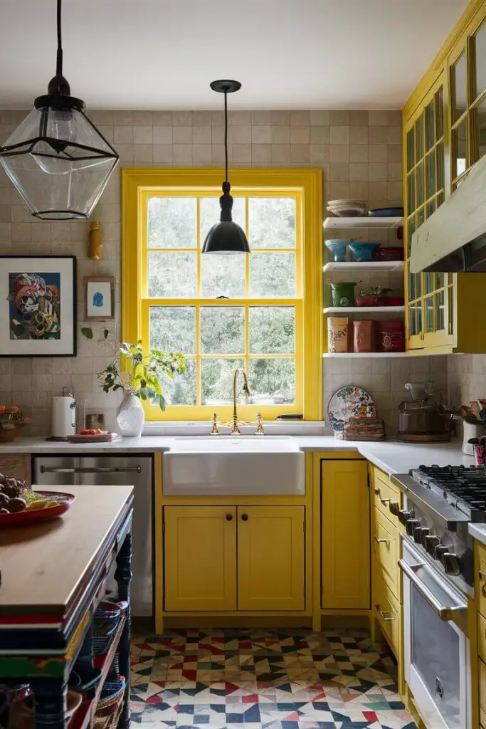 close-up shot of A Colorful Eclectic Kitchen with window frames painted in bold yellow, creating a striking contrast against the neutral walls and adding a unique element to the design.