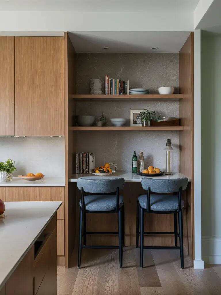 A close-up photograph of a sleek small breakfast bar nook installed along a kitchen wall, with bar stools that can be tucked under the counter.