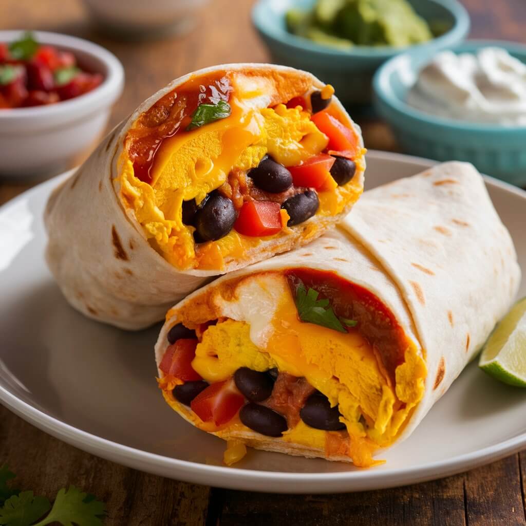 A close-up shot of a breakfast burrito cut in half, revealing its colorful interior of scrambled eggs, melted cheese, black beans, and diced tomatoes. The burrito is wrapped in a warm flour tortilla, and there are small bowls of salsa, guacamole, and sour cream on the side. The background shows a rustic wooden table with a few scattered cilantro leaves and a lime wedge.