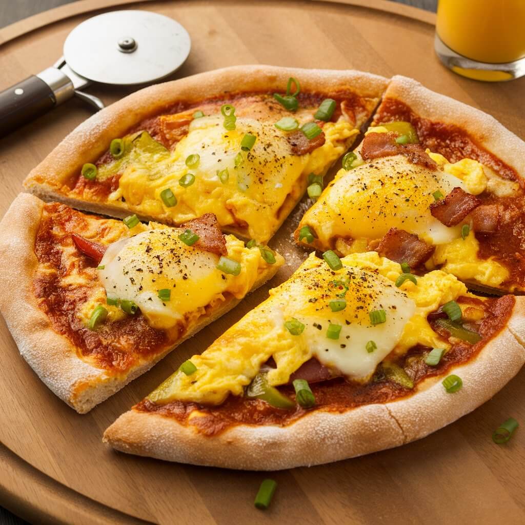 A breakfast pizza with a crispy crust, topped with scrambled eggs, melted cheese, bacon pieces, and diced bell peppers. The pizza is garnished with chopped green onions and a sprinkle of black pepper. It is served on a wooden pizza board with a pizza cutter beside it and a glass of orange juice in the background.