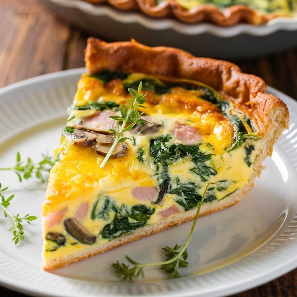 A slice of golden-brown quiche filled with spinach, mushrooms, cheese, and ham. The quiche is garnished with a few sprigs of fresh herbs and served on a white plate. The background features a wooden table with the remaining quiche in the baking dish, ready to be sliced.