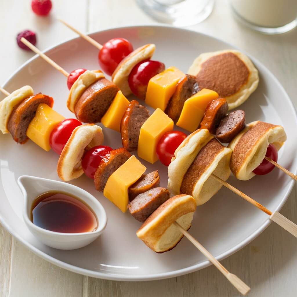 Colorful breakfast skewers featuring chunks of sausage, cheese, cherry tomatoes, and mini pancakes. The skewers are arranged on a white plate with a small dish of syrup for dipping. The background shows a light wooden table with a few scattered berries and a glass of milk.