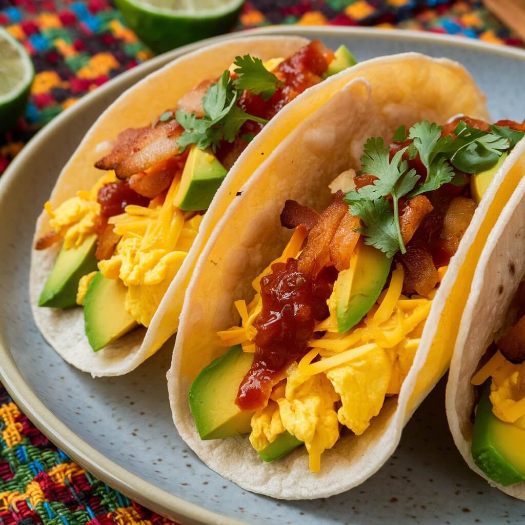 Soft cooked flour taco tortillas filled with scrambled eggs, shredded cheese, diced avocado, pieces of bacon, salsa and a sprinkle of chopped cilantro placed on a plate. The background features a colorful Mexican-style tablecloth and a lime cut in half.