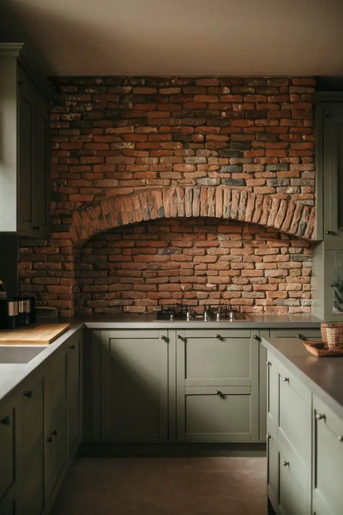 A cozy and inviting earthy kitchen, featuring a stunning brick accent wall that adds a rustic, industrial touch. The rough, natural texture of the bricks contrasts with the smooth, modern surfaces of the countertops and cabinets, creating a visually striking focal point. The overall atmosphere is warm and welcoming, with a harmonious blend of textures and materials, perfect for a family gathering or a quiet meal.