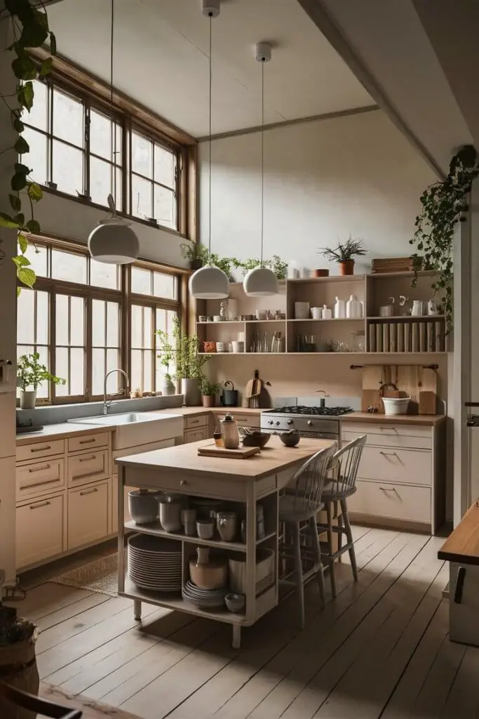 This artistic image captures a stunning Japandi kitchen, where Japanese minimalism effortlessly merges with Scandinavian functionality. Bathed in natural light from large windows, the space exudes a sense of calm and order. The neutral color palette, featuring shades of white, beige, and wood, complements the sleek, multi-functional furniture that maximizes utility without compromising style. A central island with built-in storage and a breakfast bar serves as a focal point, while clutter-free countertops showcase clever storage solutions. Open shelving displays a carefully curated collection of kitchenware, adding a personal touch while maintaining the room's pristine appearance. Potted plants and wooden accents introduce warmth and a touch of nature, striking the perfect balance between form and function. The result is a kitchen that is both practical and visually appealing, embodying the essence of the