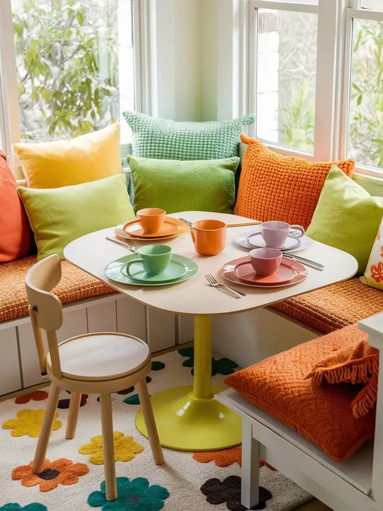 A cozy and inviting breakfast nook, brightened by an array of colorful cushions, cheerful tableware, and a lively rug. The cushions are in shades of sunny yellow, fresh green, and vibrant orange, adding a touch of warmth. The table is set with playful plates, cups, and cutlery that complement the color theme. The rug features a pattern of abstract flowers, further enhancing the cheerful ambiance. The nook is bathed in natural light from the nearby window, creating a perfect spot for a morning meal.