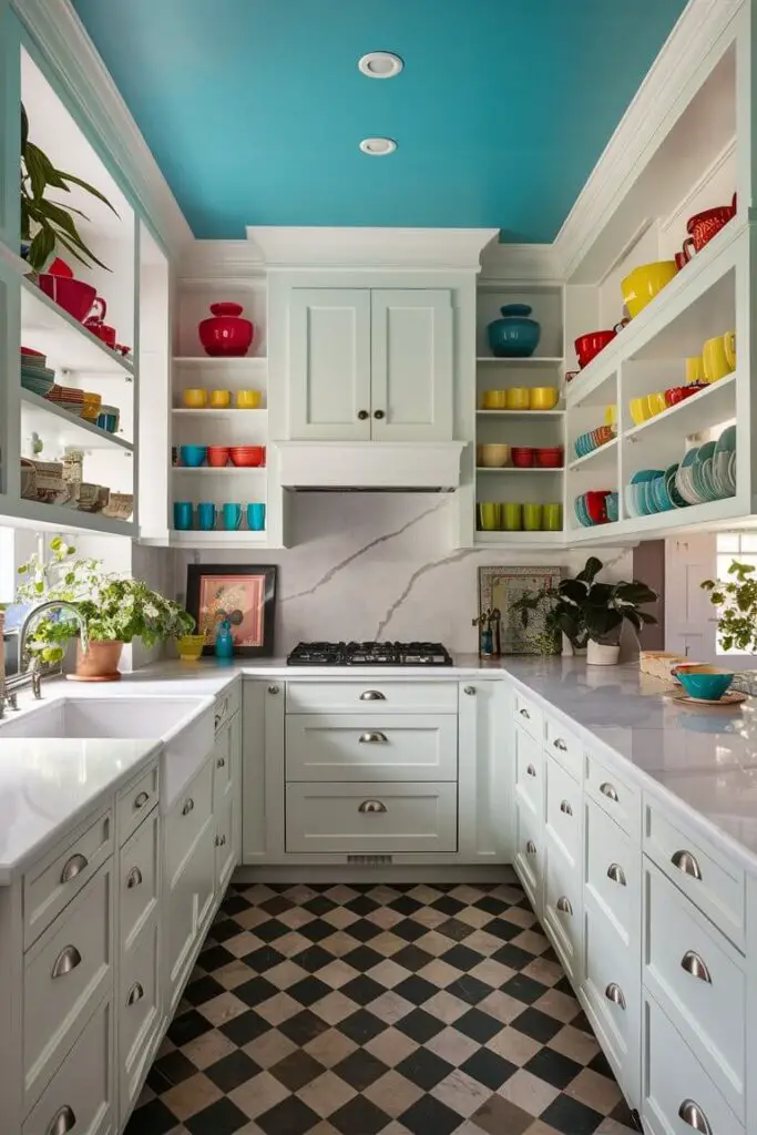 In the center of the image is a vibrant and eclectic kitchen, full of personality and charm. The most striking feature is the brightly painted turquoise ceiling, which adds an unexpected pop of color and energizes the space. This bold choice contrasts beautifully with the pristine white walls and cabinetry, creating a fresh and airy atmosphere.

The cabinetry is classic in design, with shaker-style doors and sleek silver handles, providing a clean and timeless look. The countertops are a smooth white marble with subtle gray veining, adding a touch of elegance and sophistication.

Above the counters, open shelving displays a collection of colorful dishware and kitchen accessories. Brightly colored bowls, plates, and mugs in shades of red, yellow, green, and blue create a playful and inviting feel. Potted plants are scattered throughout the space, bringing a touch of nature indoors and adding to the eclectic vibe.

A large, rustic wooden island stands in the center of the kitchen, topped with the same white marble as the countertops. The island features additional storage space and is surrounded by a set of mismatched barstools, each one a different color and style, enhancing the eclectic feel of the room.

Hanging above the island are three pendant lights with turquoise shades that match the ceiling, tying the color scheme together. The lights have a vintage industrial look, with exposed bulbs and metal fixtures, adding an element of chic contrast.

On one side of the kitchen, there is a large window framed by white curtains that let in plenty of natural light. The view outside shows a lush garden, adding to the fresh and lively atmosphere of the space.

The floor is a mix of patterned tiles in various shades of blue and green, further enhancing the eclectic and colorful theme. Each tile is unique, with intricate designs that add texture and interest to the room.

Overall, this colorful eclectic kitchen is a delightful blend of modern elegance and playful charm, making it a warm and inviting space for cooking, din