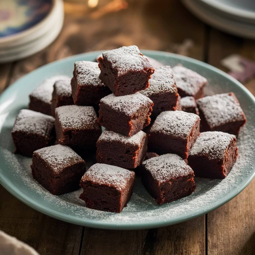 A delectably tempting photo of a plate filled with small, fudgy brownie bites. Each bite is topped with a delicate dusting of powdered sugar, giving them a snowy appearance. The brownies appear rich and dense, promising an indulgent and satisfying sweet treat. The plate sits on a rustic wooden table, surrounded by a cozy atmosphere with warm lighting