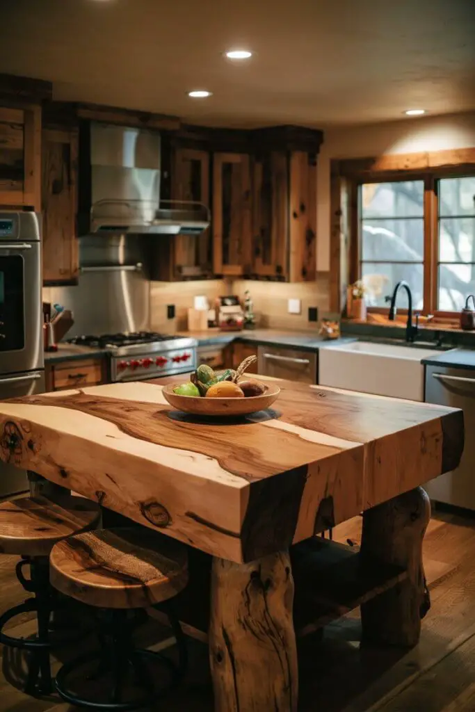 A cozy and inviting kitchen features a stunning solid wood butcher block island at its center. The wood's rich, earthy tones and intricate grain patterns create a warm and welcoming atmosphere. The island serves as a functional workspace, with ample space for meal preparation and gatherings. Surrounding the island, there are rustic wooden cabinets, stainless steel appliances, and a large window that invites natural light. The overall ambiance is comfortable and rustic, perfect for cooking up a storm and sharing memorable moments with loved ones.