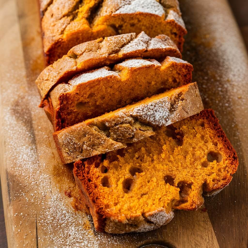 A mouthwatering close-up of succulent butternut squash bread, artfully arranged in slices on a rustic wooden cutting board. The golden hue of the bread is enriched with flecks of cinnamon, hinting at the warmth and comfort within each slice. A delicate dusting of powdered sugar adds a touch of sophistication, contrasting beautifully with the natural textures. The scene exudes a cozy, autumnal atmosphere, perfect for savoring and sharing.