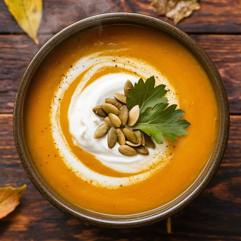 A steaming bowl of creamy butternut squash soup, its rich orange color contrasting beautifully with a swirl of white sour cream on top. Garnished with a sprinkle of toasted pumpkin seeds and a few fresh parsley leaves. The bowl sits on a rustic wooden table with autumn leaves scattered around.