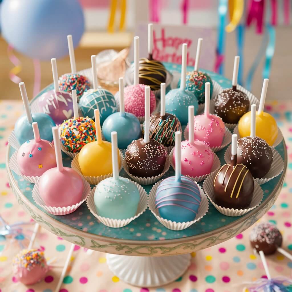 **An assortment of vibrant birthday cake pops arranged on a decorative platter. Each cake pop is coated in smooth, colorful chocolate, with some in shades of pink, blue, and yellow. They are decorated with various sprinkles, swirls, and small edible beads. Some cake pops have tiny, intricate patterns like stars and hearts, while others have zigzag drizzle designs in contrasting colors. The cake pops are individually placed in white paper cups and have white sticks inserted into them. The platter is set on a table covered with a cheerful, polka-dotted tablecloth. In the background, out-of-focus party decorations like balloons, streamers, and a "Happy Birthday" sign can be seen, enhancing the celebratory mood.**