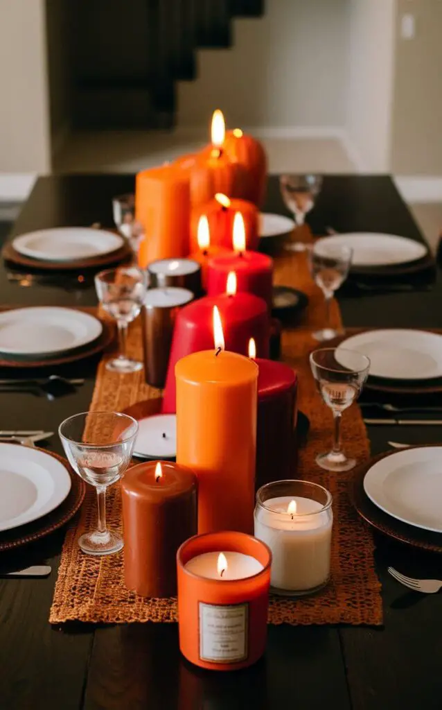 A dining table decorated with candles in autumn hues of orange, red, and brown. The fall decor candles vary in height and size, creating a dynamic display, with some candles offering pumpkin spice or cinnamon scents.