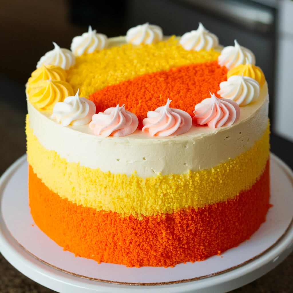 A colorful cake decorated to resemble candy corn, featuring three horizontal layers of yellow, orange, and white. The top of the cake is adorned with swirls of yellow, orange, and white frosting, mimicking the candy corn colors. The cake is placed on a white cake stand in a kitchen setting.