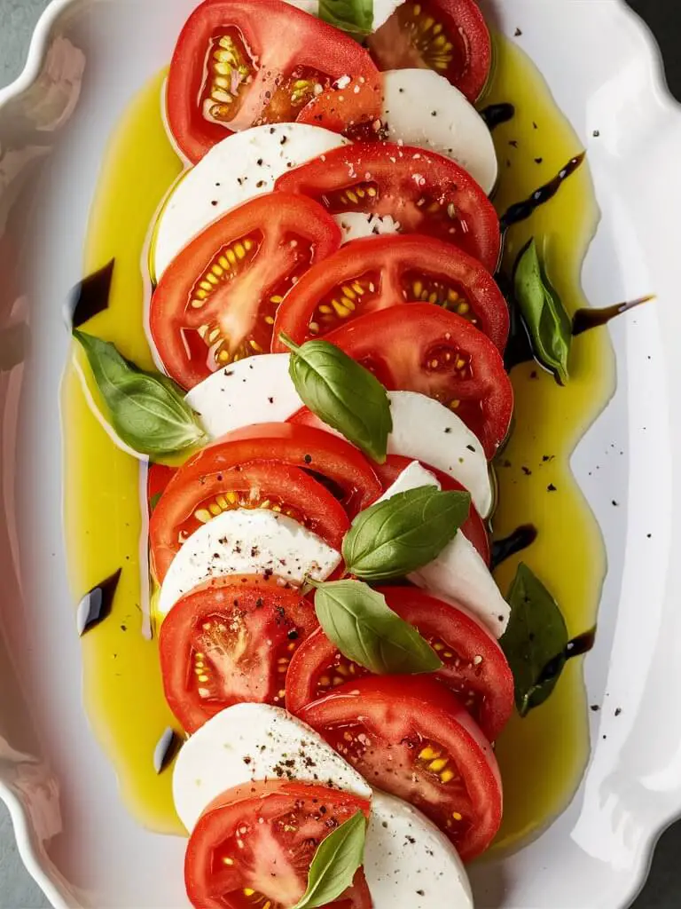 Caprese Salad: A plate with neatly arranged slices of tomatoes, fresh mozzarella, and basil leaves drizzled with balsamic glaze.