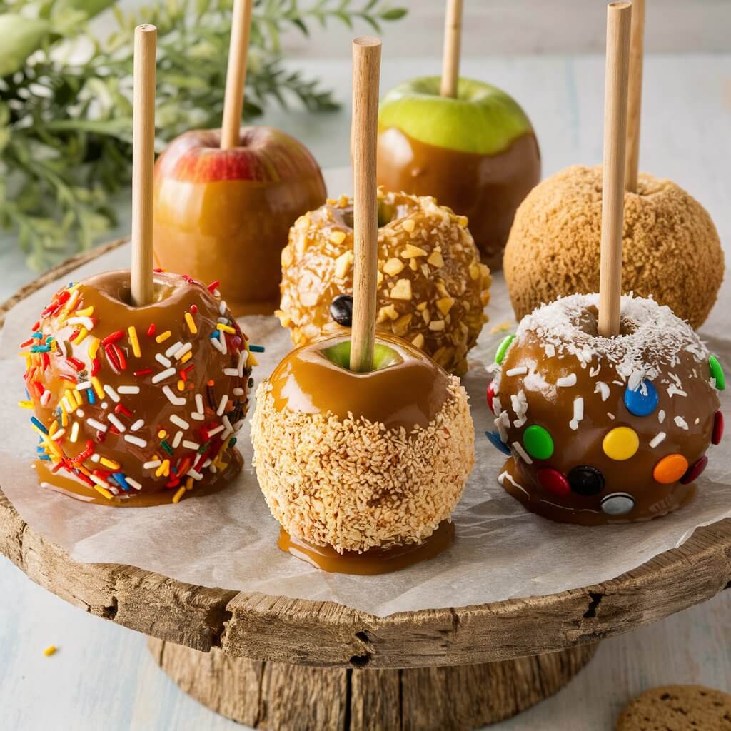 The image shows several caramel apples displayed on a rustic wooden stand. Each apple is coated in caramel and has a wooden stick inserted at the top. Some apples are further decorated with various toppings such as sprinkles, crushed nuts, mini M&M's, coconut flakes, and cookie crumbs. The background includes a light, natural setting with greenery.