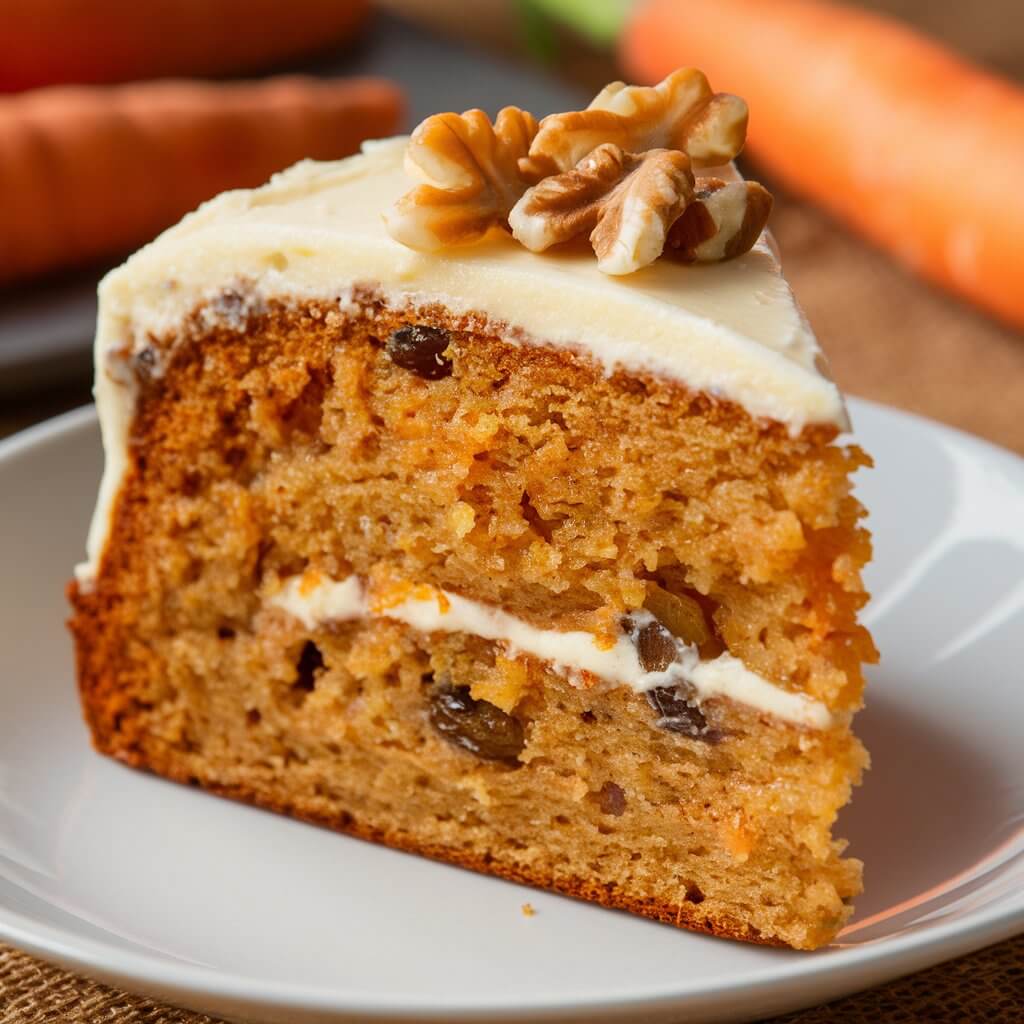 A slice of moist carrot cake with visible specks of carrot and raisins, topped with creamy cream cheese frosting. The cake is decorated with a sprinkle of chopped walnuts. The background includes whole carrots and a rustic tablecloth.