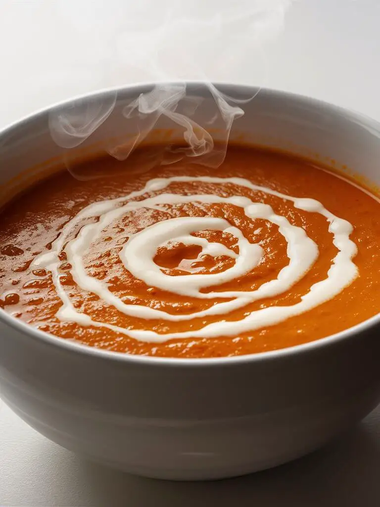 A tantalizing image of a steaming bowl of carrot ginger soup. The soup, filled with rich, vibrant orange hues, is topped with a delicate drizzle of cream that forms a swirling pattern. The steam rising from the bowl hints at the warmth and comfort it provides. The background is minimalist, allowing the main focus to be on the inviting bowl of soup, creating a cozy and inviting atmosphere.