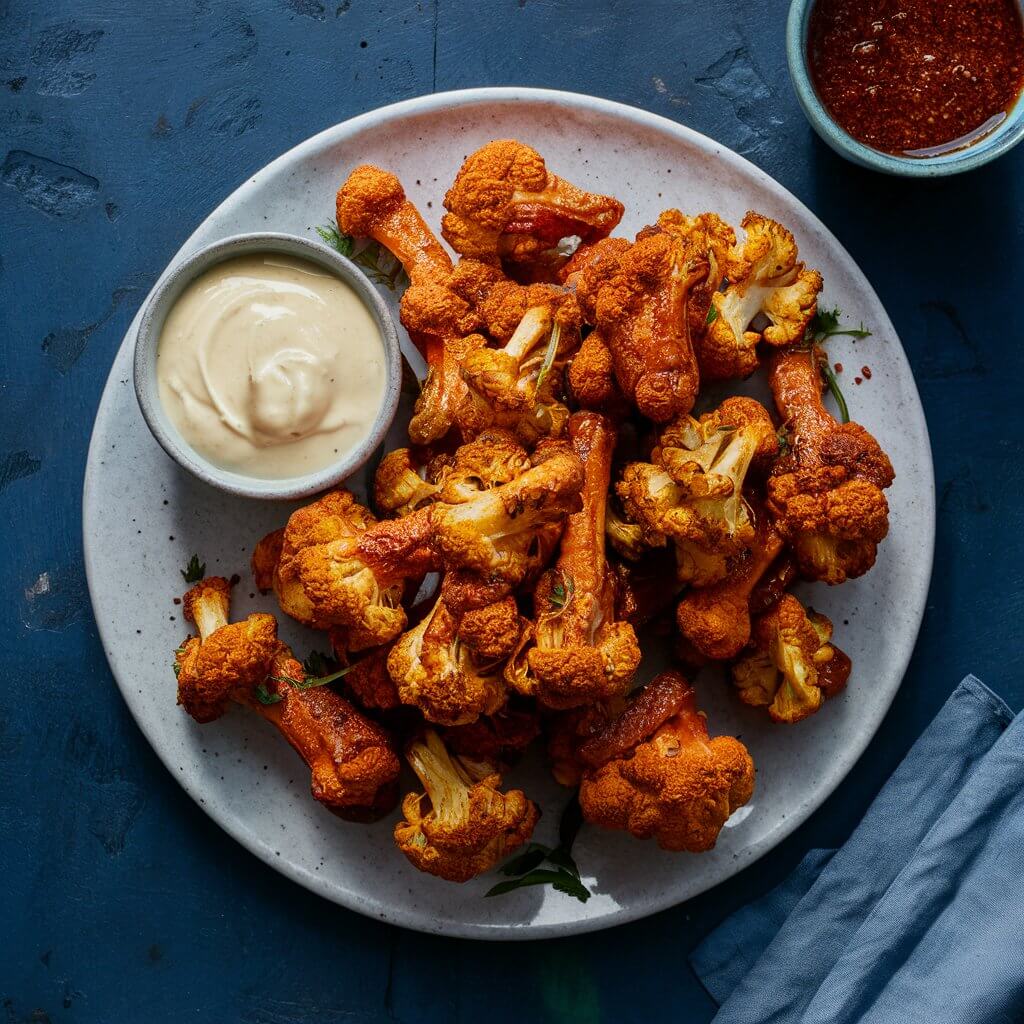 "A plate piled high with golden-brown cauliflower buffalo wings, coated in spicy sauce, served alongside a small bowl of creamy dipping sauce."