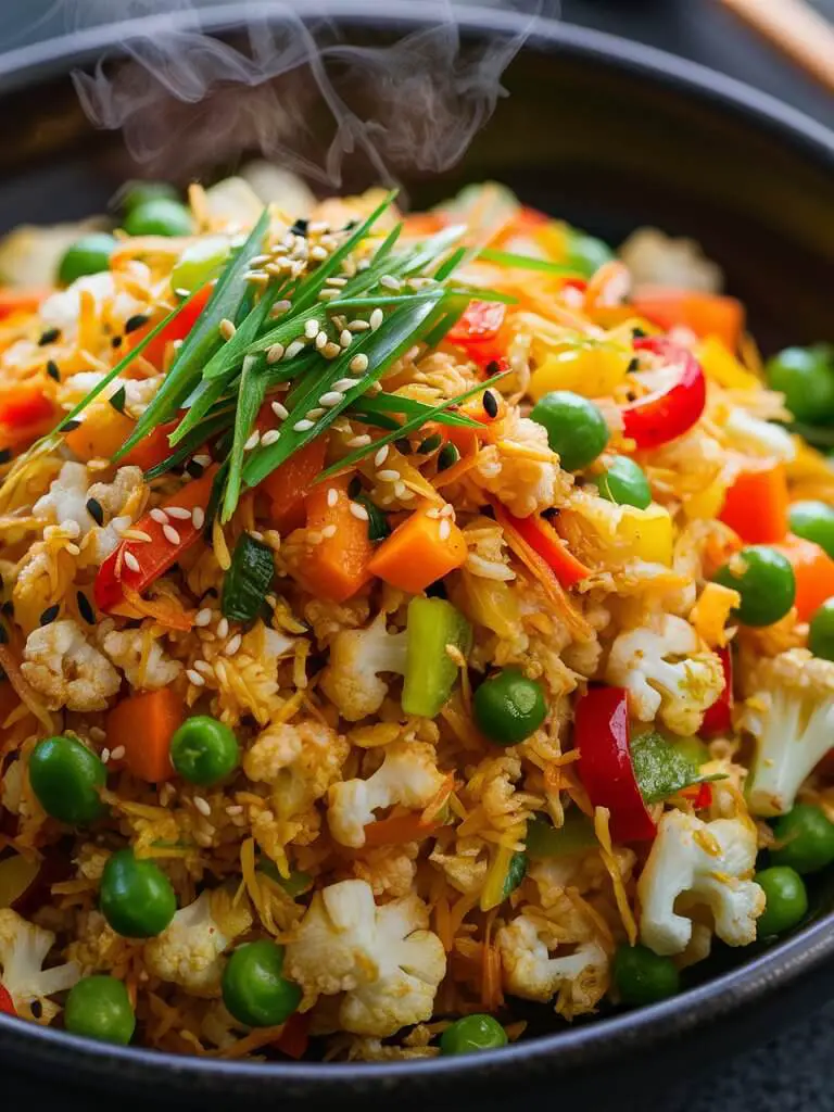 An appetizing bowl of Cauliflower Fried Rice, featuring finely chopped cauliflower florets stir-fried with colorful diced vegetables like bell peppers, carrots, and peas. The dish is garnished with fresh green onions and sesame seeds, adding a vibrant contrast to the golden-brown stir-fried cauliflower rice. A delicious and nutritious low-carb alternative to traditional fried rice, perfect for a healthy meal option.