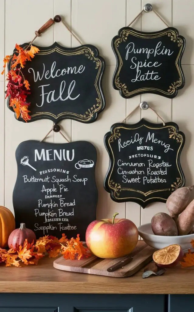 Chalkboard signs with seasonal messages, menus, and recipes written on them, hanging in the kitchen. These signs add a personal and festive touch to the fall decor.