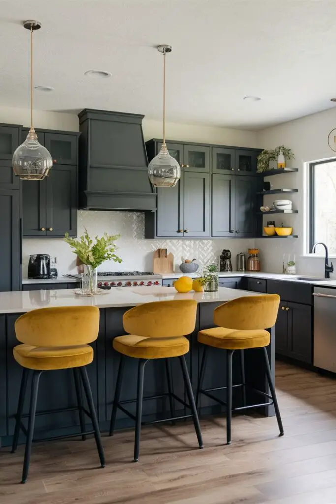 A modern kitchen highlighting the charcoal gray and mustard yellow color combination. Charcoal gray cabinets are accented with mustard yellow bar stools and decor items, adding a vibrant pop of color to the space.