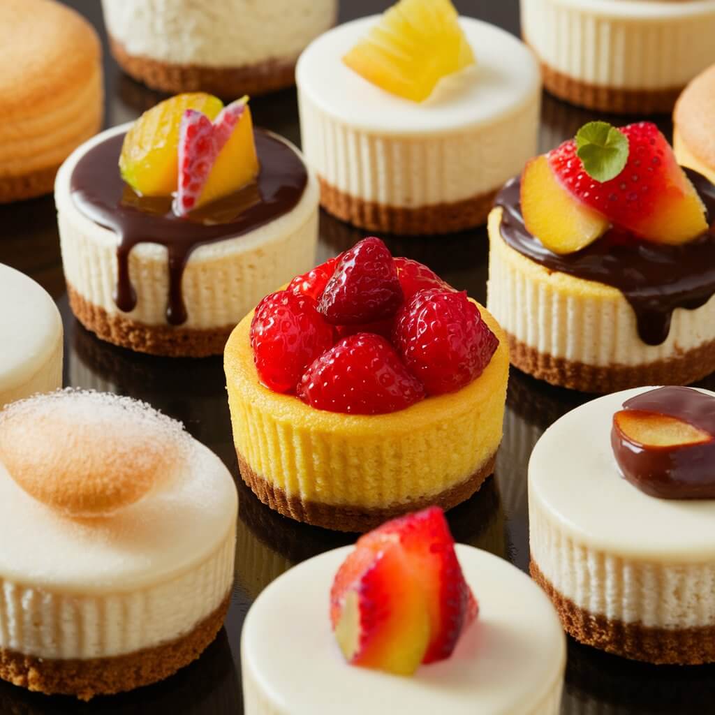 A delectable assortment of mini cheesecakes, each one providing a delightful treat. The plain cheesecakes have a smooth, creamy texture and a heavenly aroma. The others are adorned with exquisite toppings such as a vibrant fruit compote or a chocolate drizzle, adding a touch of color and flavor. These bite-sized delights are artfully arranged, enticing the eye and tempting the palate.