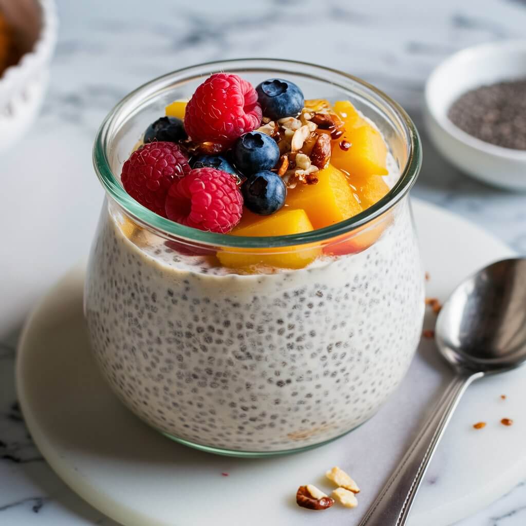 A clear glass jar filled with creamy chia pudding, topped with a colorful array of fresh fruits including raspberries, blueberries, and mango chunks. There is a sprinkle of nuts and a drizzle of honey on top. The jar is placed on a white marble countertop with a spoon resting beside it and a small bowl of chia seeds in the background.