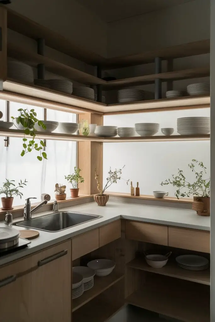 In the image, a serene Japandi-style kitchen is showcased, emphasizing simplicity and functionality. The kitchen features open wooden shelving in place of upper cabinets, enhancing the airy and spacious feel of the room. The shelves are neatly arranged with pristine white dishware, adding a clean and minimalist aesthetic. Small potted plants are interspersed among the dishware, bringing a touch of nature and a pop of green to the space. Minimal decor items, such as a few carefully chosen utensils and decorative pieces, complete the look, staying true to the Japandi style's emphasis on simplicity and natural elements. The overall atmosphere is calm and inviting, perfect for both cooking and relaxation.