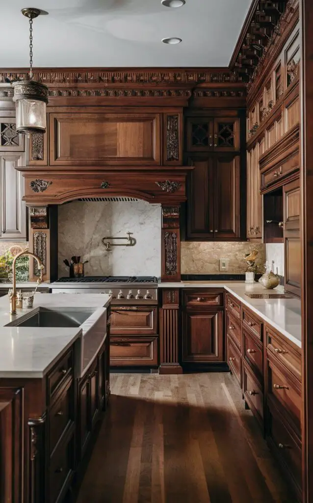 A Chippendale kitchen with intricate woodwork and elegant designs. Rich mahogany or walnut finishes and decorative carvings define this style. Brass or bronze hardware and classic stone countertops enhance the luxurious, timeless appeal.