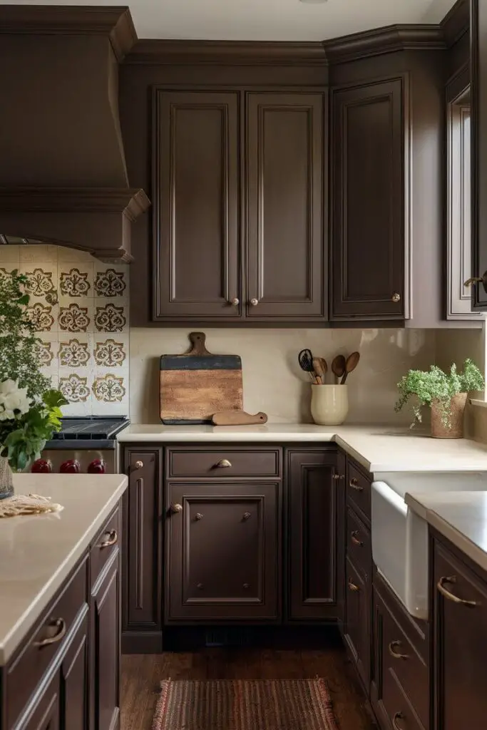 The photograph captures a cozy kitchen, beautifully styled in a rich chocolate brown and creamy color scheme that exudes warmth and comfort. The cabinetry is the focal point, with its deep chocolate brown hue creating a sense of depth and elegance. The cabinets feature classic paneling and are fitted with bronze handles, adding a touch of vintage charm to the space.

The countertops are a creamy beige, their smooth surface providing a gentle contrast to the darker cabinets. The light color of the countertops helps to balance the richness of the chocolate brown, making the kitchen feel inviting and not overly dark. On the countertops, you might find a few essential items: a rustic wooden cutting board, a ceramic cream-colored utensil holder with wooden spoons, and perhaps a small potted herb plant, adding a hint of greenery.

The backsplash is a standout feature, composed of cream-colored tiles with a slight gloss, arranged in a traditional subway pattern. The tiles reflect light subtly, enhancing the warm glow of the kitchen. The grout is a soft beige, blending seamlessly with the tiles and maintaining the cohesive look of the space.

Above the countertops and cabinets, open shelves in a matching chocolate brown color display a variety of items: cream-colored dishes, vintage mugs, and a few decorative pieces like a small framed print and a vase with fresh flowers. These shelves add a personal touch and make the kitchen feel lived-in and homely.

The flooring is a medium-toned wood, with natural variations in the grain that complement both the chocolate brown and cream elements. This choice of flooring adds to the overall warmth of the kitchen, grounding the space.

The kitchen is well-lit with a combination of natural light from a window above the sink and soft, warm lighting from a series of pendant lights hanging above a central island. The pendant lights have cream-colored shades that diffuse the light gently, enhancing the cozy atmosphere.

In the center of the kitchen, a chocolate brown island with a cream countertop offers additional workspace and a spot for casual dining. Around the island, there are a couple of stools with cushioned seats in a complementary cream fabric, inviting you to sit and enjoy a coffee or a meal.

Overall, the kitchen is a harmonious blend of chocolate brown and cream, creating a space that is both stylish and welcoming, perfect for cooking and gathering with family and friends.
The countertops are a creamy beige, their smooth surface providing a gentle contrast to the darker cabinets. The light color of the countertops helps to balance the richness of the chocolate brown, making the kitchen feel inviting and not overly dark. On the countertops, you might find a few essential items: a rustic wooden cutting board, a ceramic cream-colored utensil holder with wooden spoons, and perhaps a small potted herb plant, adding a hint of greenery.

The backsplash is a standout feature, composed of cream-colored tiles with a slight gloss, arranged in a traditional subway pattern. The tiles reflect light subtly, enhancing the warm glow of the kitchen. The grout is a soft beige, blending seamlessly with the tiles and maintaining the cohesive look of the space.

Above the countertops and cabinets, open shelves in a matching chocolate brown color display a variety of items: cream-colored dishes, vintage mugs, and a few decorative pieces like a small framed print and a vase with fresh flowers. These shelves add a personal touch and make the kitchen feel lived-in and homely.

The flooring is a medium-toned wood, with natural variations in the grain that complement both the chocolate brown and cream elements. This choice of flooring adds to the overall warmth of the kitchen, grounding the space.

The kitchen is well-lit with a combination of natural light from a window above the sink and soft, warm lighting from a series of pendant lights hanging above a central island. The pendant lights have cream-colored shades that diffuse the light gently, enhancing the cozy atmosphere.

In the center of the kitchen, a chocolate brown island with a cream c