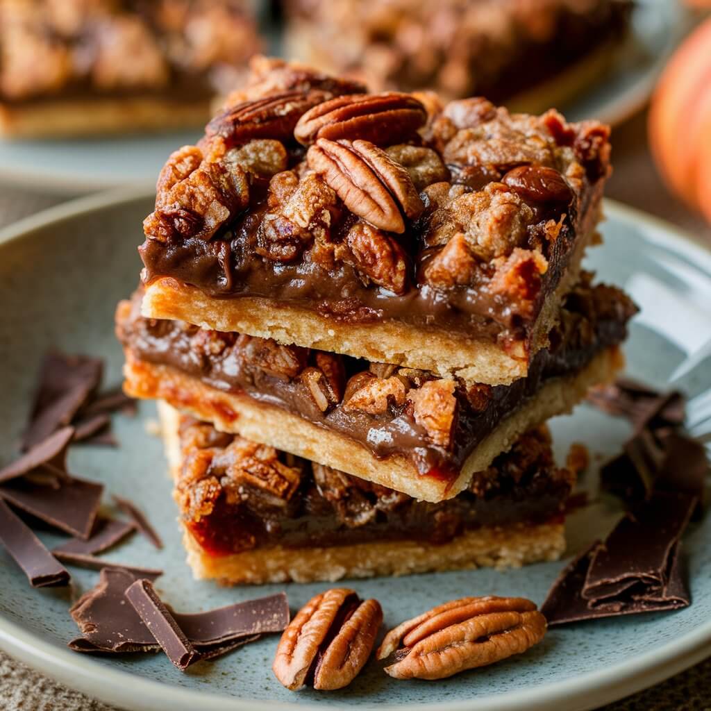 Decadent chocolate pecan pie bars with a gooey filling and a crumbly crust. The bars are stacked on a plate with chocolate shavings and two pecan halves scattered inside the plate. The scene is set with a cozy, autumn backdrop.